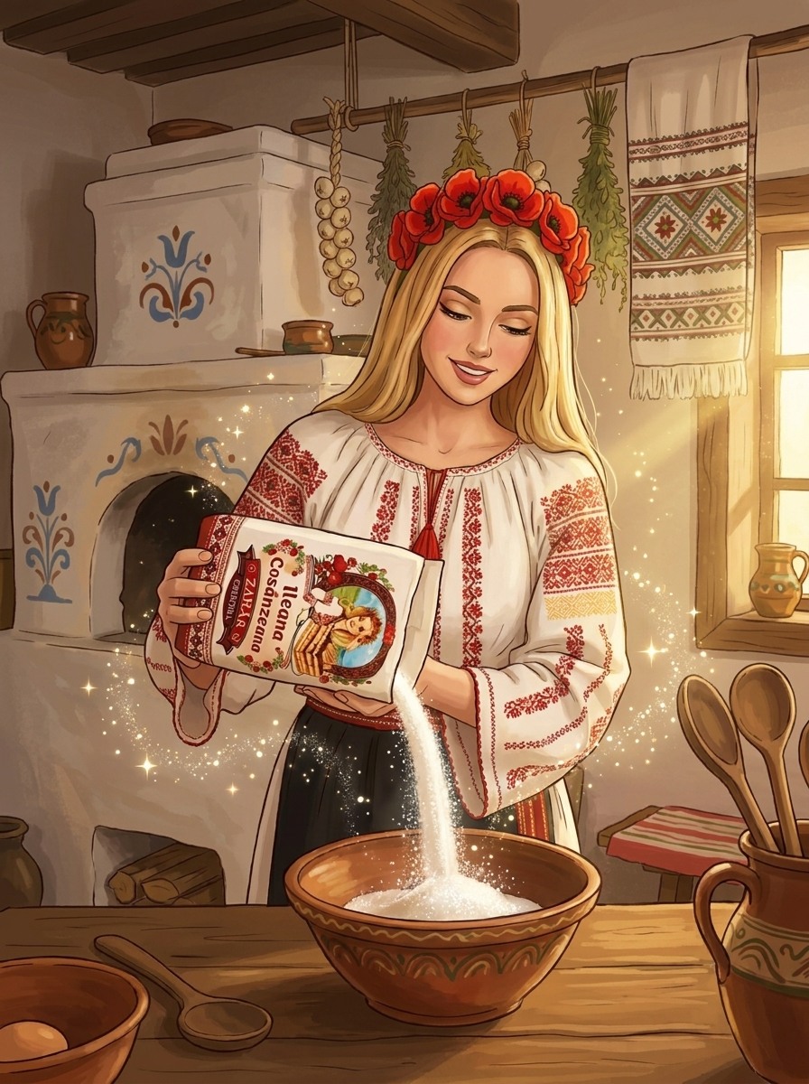 Ilustrație în stil popular cu Ileana Cosânzeana, purtând cunună de maci, turnând zahăr cristal într-un castron într-o bucătărie tradițională