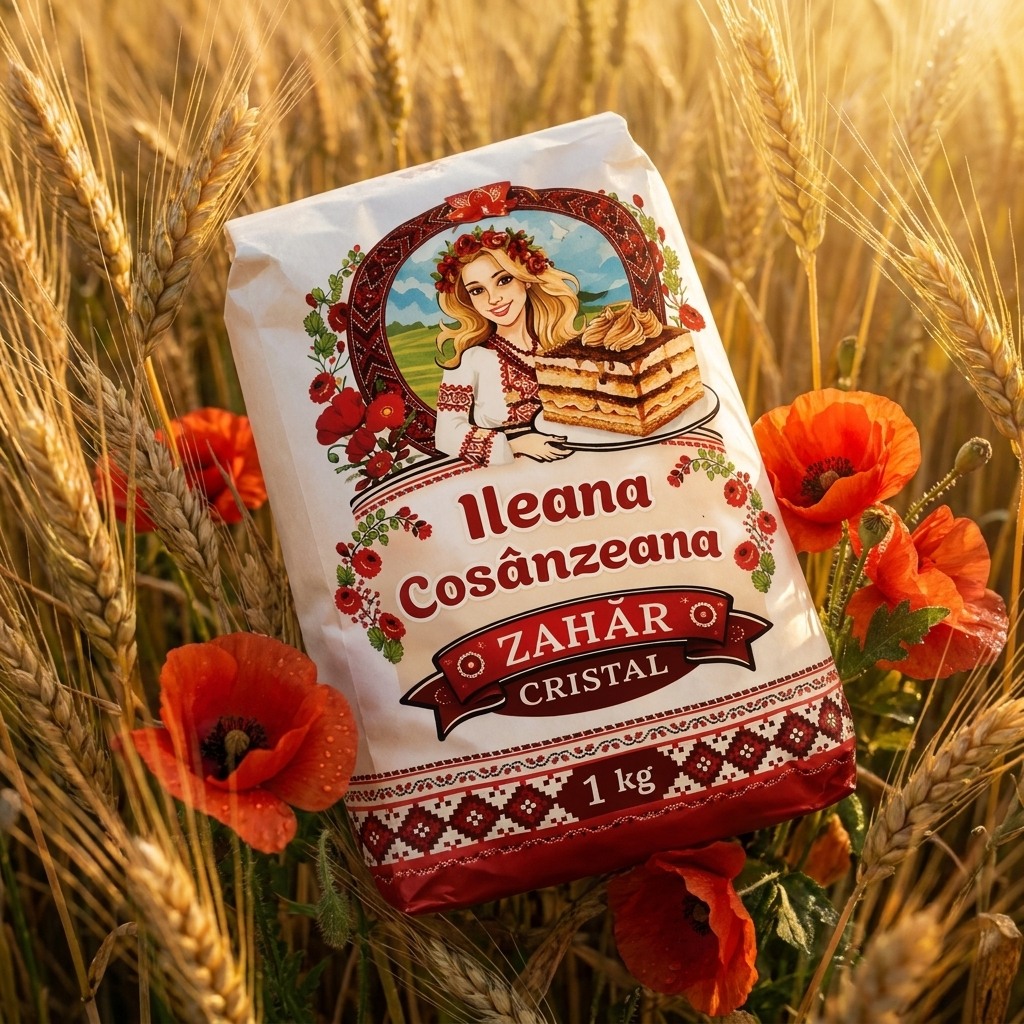 Ambalaj de 1 kg de zahăr cristal Ileana Cosânzeana, așezat într-un lan de grâu, printre maci roșii